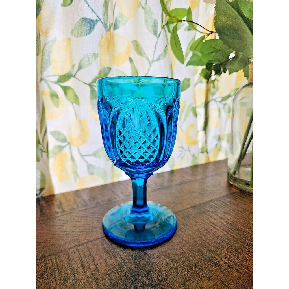 Fenton Pineapple Colonial Blue Glass 6" Water Goblet Royal Blue